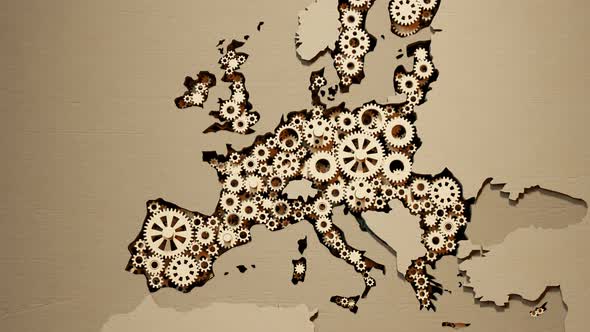 European Union map created with spinning wooden gears. Economic cooperation