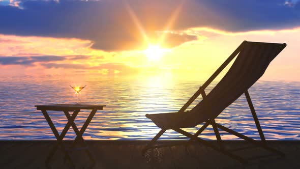 Deck Chair and Table with Glass of Wine at Ocean Coast