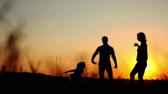 Silhouettes of Father and Daughter Hold Hands and Circling on Summer Sunset in the Field