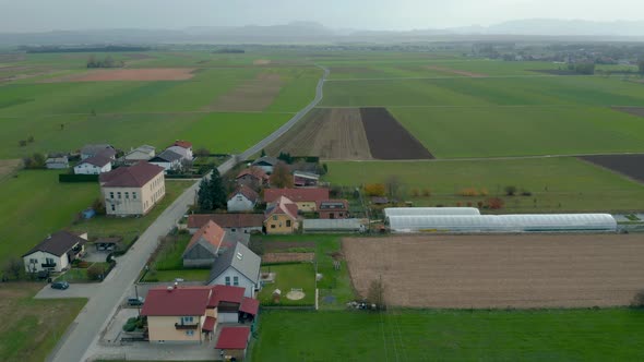 Aerial view of rural community and farmland in Slovenia