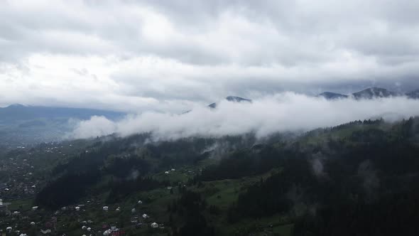 Ukraine, Carpathians: Fog in the Mountains. Aerial.