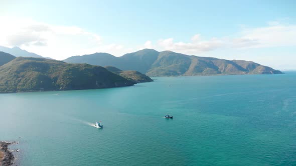 Professional Fishing Vessel, Shooting From Drone of an Asian Fishing Schooner a Boat with Crab Traps