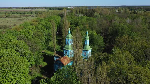 Old Wooden Church Painted with Blue Paint Aerial View