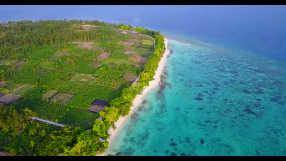 Aerial top down abstract of relaxing resort beach trip by transparent lagoon and clean sand backgrou