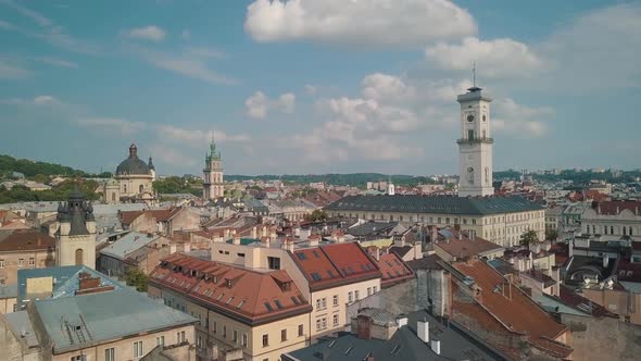 Aerial Drone Video of European City Lviv, Ukraine, Rynok Square, Central Town Hall, Dominican Church