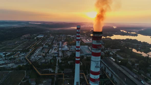 Aerial Drone Footage. Coal Fire Power Station at Sunset.