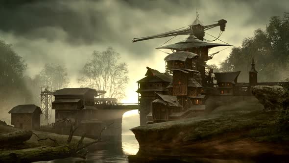 Fantasy settlement with a bridge over the flowing creek. Fabulous scenery. HD