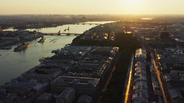 Aerial Morning Urban Landscape with Warships in the Waters of the Neva River Before the Holiday of