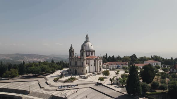 Visitors outside Sameiro Sanctuary on sunny summer day,  Braga, Portugal