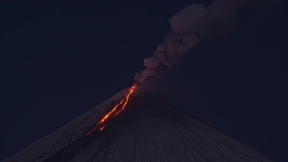 Night Timelapse of Klyuchevskaya Sopka or Klyuchevskoy Volcano Eruption on Kamchatka