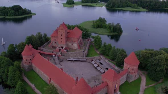 smooth aerial footage of the ancient Trakai castle on the island