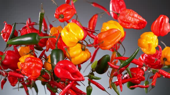 Super Slow Motion Shot of Flying Mixed Chilli Peppers on Grey Background at 1000Fps