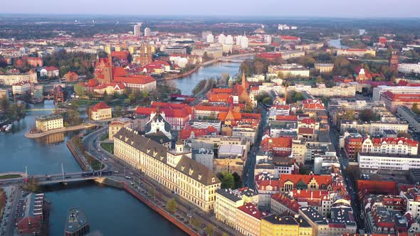 View From the Height on the Historic City Center and the Odra River. Stare Myasto, Wroclaw, Poland