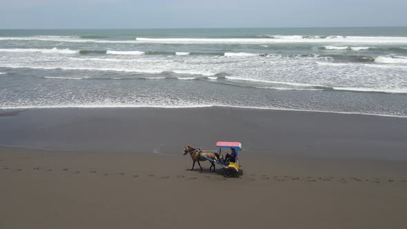 Aerial view of traditional horse cart ride on beach in Indonesia