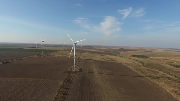 Rotating Turbines of a Wind Farm. Renewable Energy. Aerial