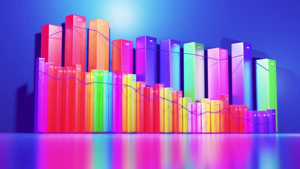 Abstract Looped Infographics Background with Multicolored 3d Bars on Blue Bg