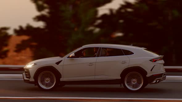 White Luxury SUV On The Forest Road