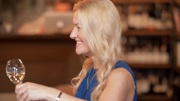 Happy Women Drinking Wine at Bar or Restaurant