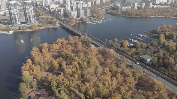 The Left Bank of Kyiv in the Fall. Hydropark. Ukraine. Dnipro River. Aerial View