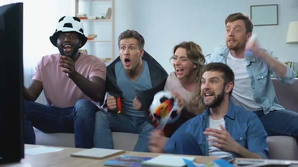 Active German Football Team Fans Watching Match on Tv at Home Celebrate Victory