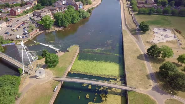 Aerial Pan, bridge across River Exe in Exeter, England