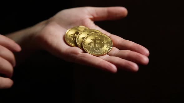 Woman Hand Holding Cryptocurrency Golden Bitcoin Coin Ondark Background