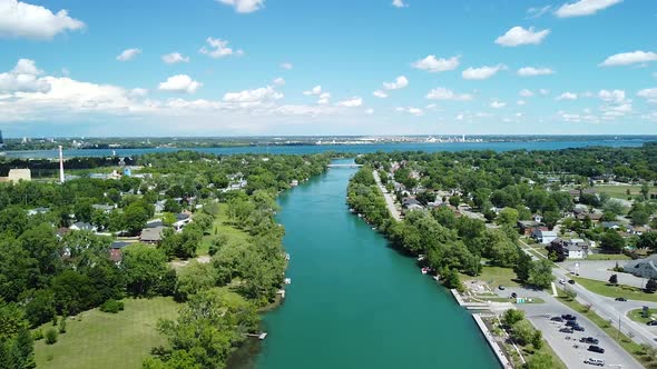 Aerial view showing beautiful canadian landscape with Welland river flows into Niagara River during