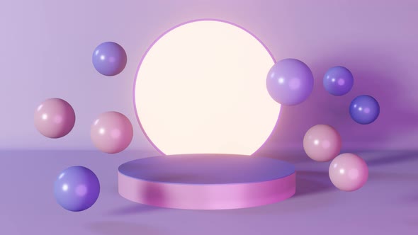 Purple neon cylinder podium glowing stage with flying spheres 3d animation 4K Round pedestal design