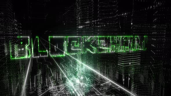Glowing 3D letters create the word Blockchain inside the digital world alt
