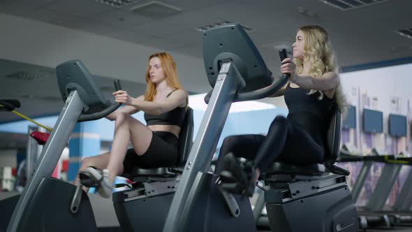 Gorgeous Blond Fit Young Woman Talking with Redhead Friend Training on Exercise Bikes