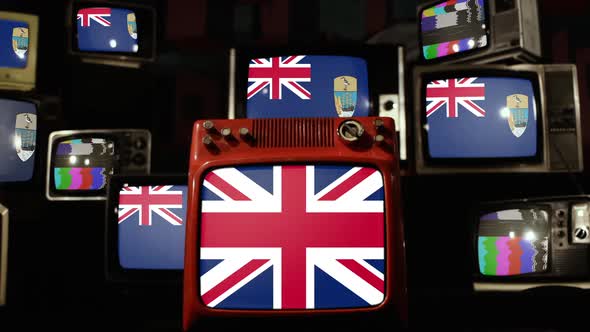 Flag of Saint Helena and UK Flag on Retro TVs.