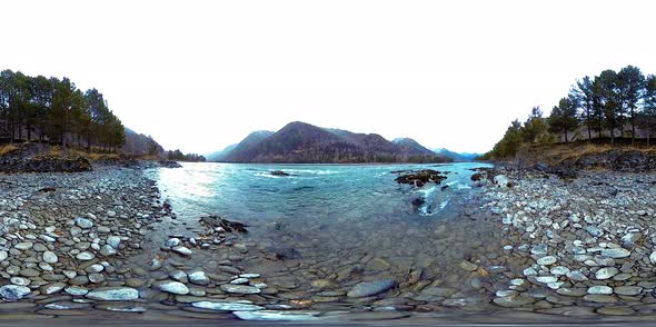 VR of a Beautiful Mountain River at the Late Autumn Time. National Park, Meadow, River Bank at