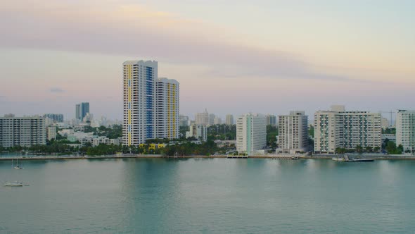 Aerial view of tall buildings at dusk in Miami