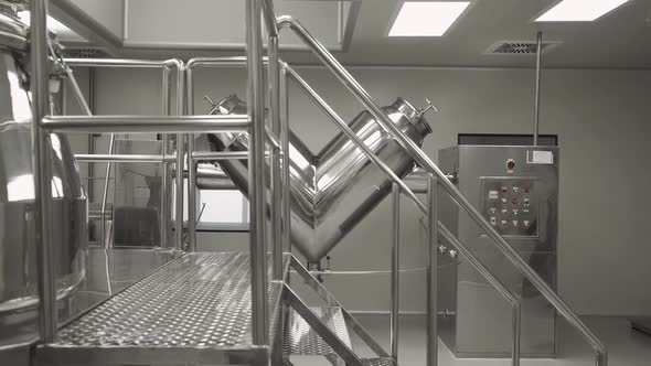 Production of Medicines and Tablets View of a Special Chrome Plated Mixer Tank for Mixing Powder