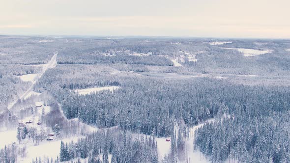 Wide panoramic dolly zoom aerial of vast Scandinavian snowy landscape