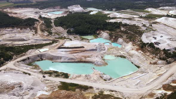 Aerial view quarry extraction porcelain clay, kaolin, with turquoise water