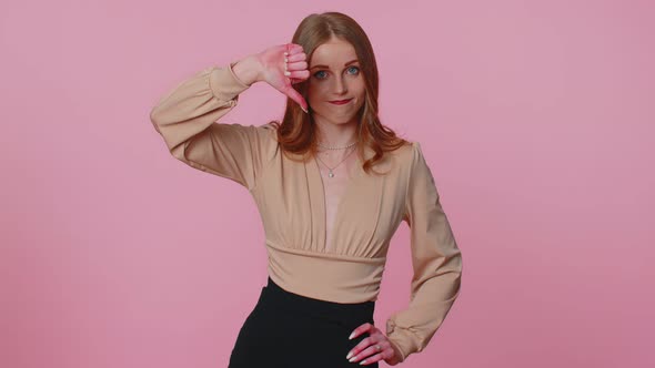 Upset Girl in Beige Blouse Showing Thumbs Down Sign Gesture Disapproval Dissatisfied Dislike