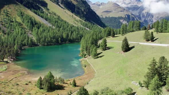 Aerial View Mountain Valley with Alpine Palpuogna Lake in Albulapass Swiss Alps