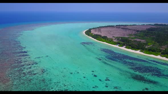 Aerial tourism of marine coast beach break by blue lagoon and white sand background of journey after