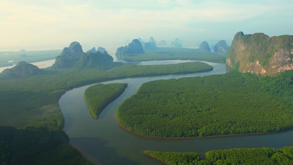 4K : Drone Flying over the mangrove forest at Phang Nga Bay