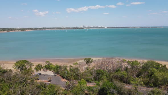 Moving drone shot of East Point Reserve and Beach in Darwin, Northern Territory