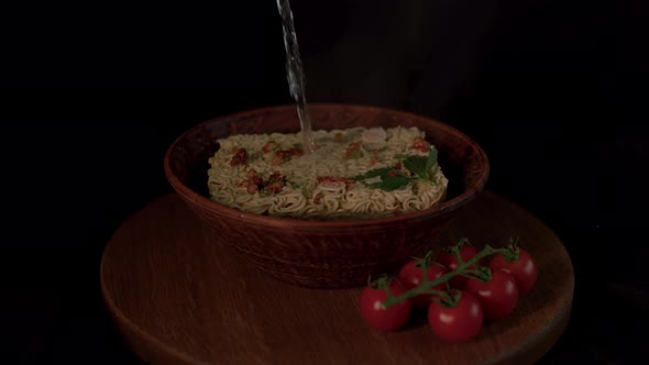 Close Up of Dry Instant Noodles with Spices in Plate on Tray