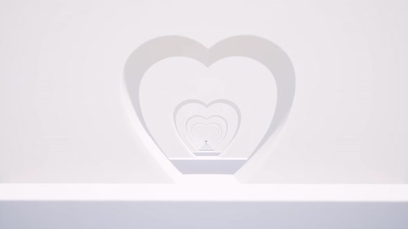 3d White Heart Tunnel for Digital Wallpaper Design. Minimalistic Cover Footage