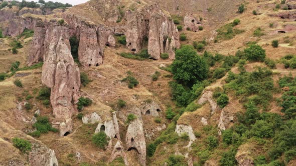 Aerial Drone Pan Shot Right To Left in Khndzoresk in Armenia