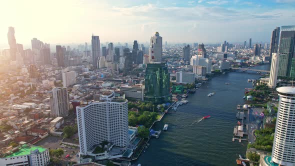 Aerial view over Bangkok city and Chao phraya river