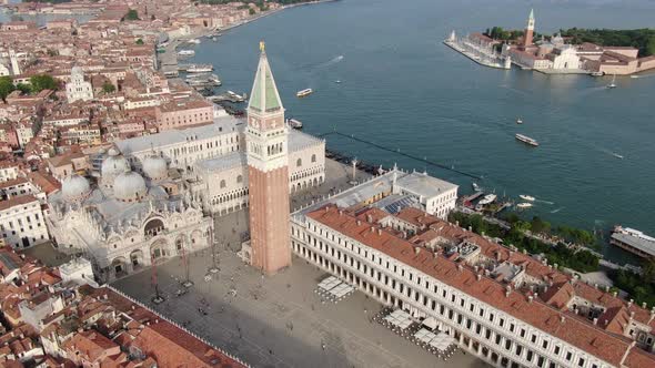 Drone flying over Piazza San Marco (St Mark Square) in Venice, Italy, Europe