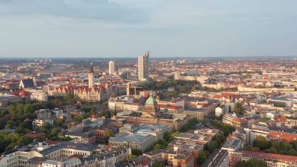 Aerial Panoramic View of the Heart of Leipzig in Eastern Germany at Sunset on a Clear Summer Day