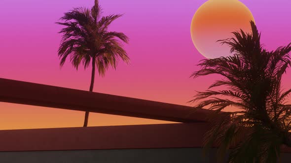 3d Synthwave Style Animated Background with Tropical Palms at Sunset