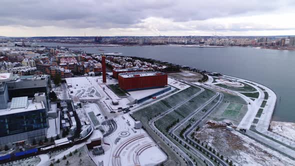 Industrial Complex Buildings on Hilly Bank of Tranquil River