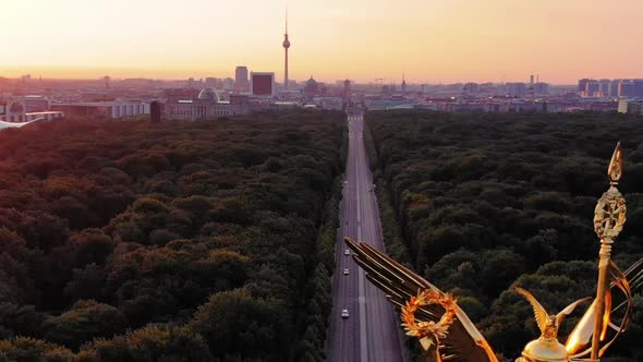 Berlin Victory Column Aerial view at sunrise, Berlin, Germany